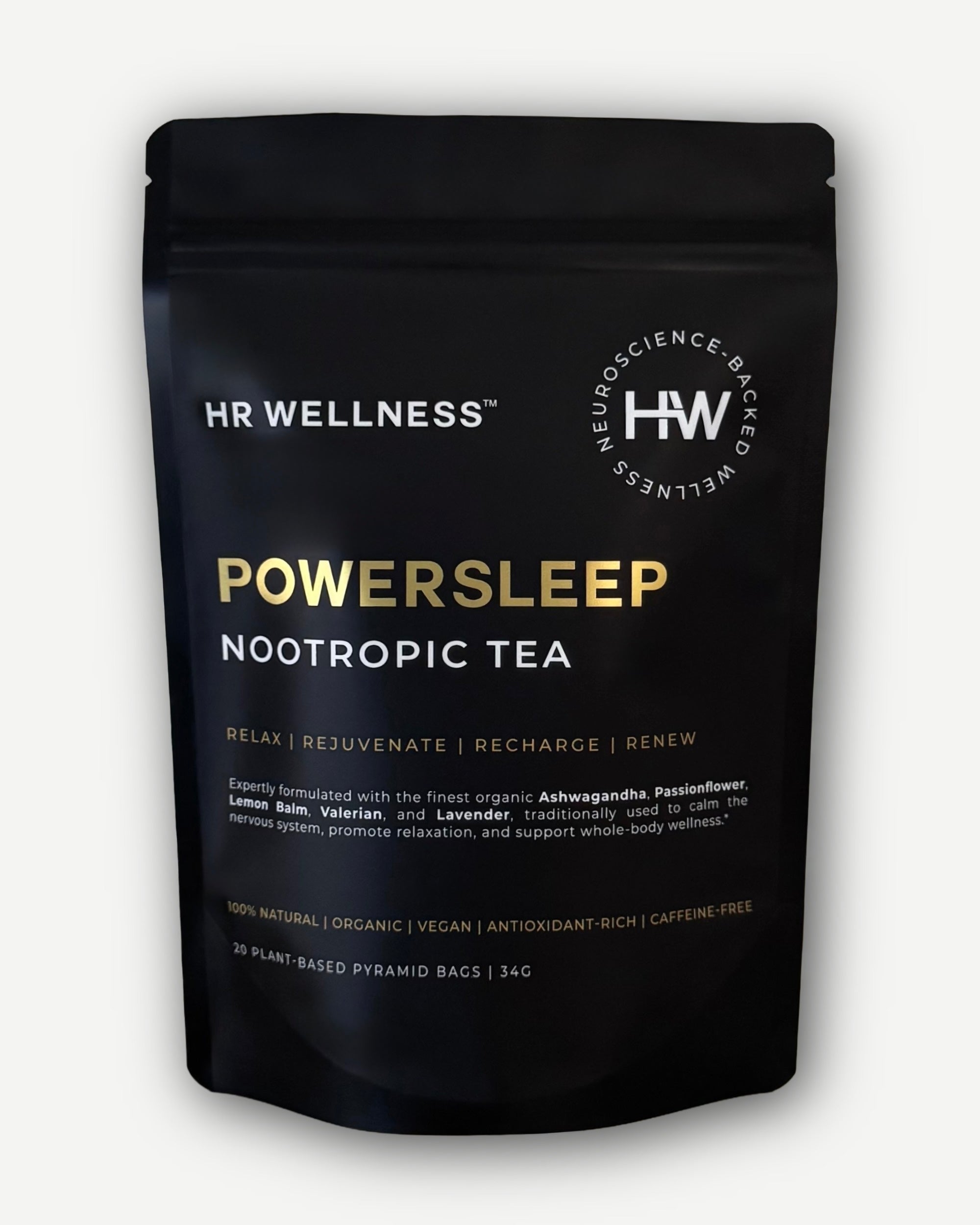 HR WELLNESS PowerSleep Nootropic Tea in matte black luxury packaging formulated to support relaxation, sleep quality, and nervous system wellbeing.