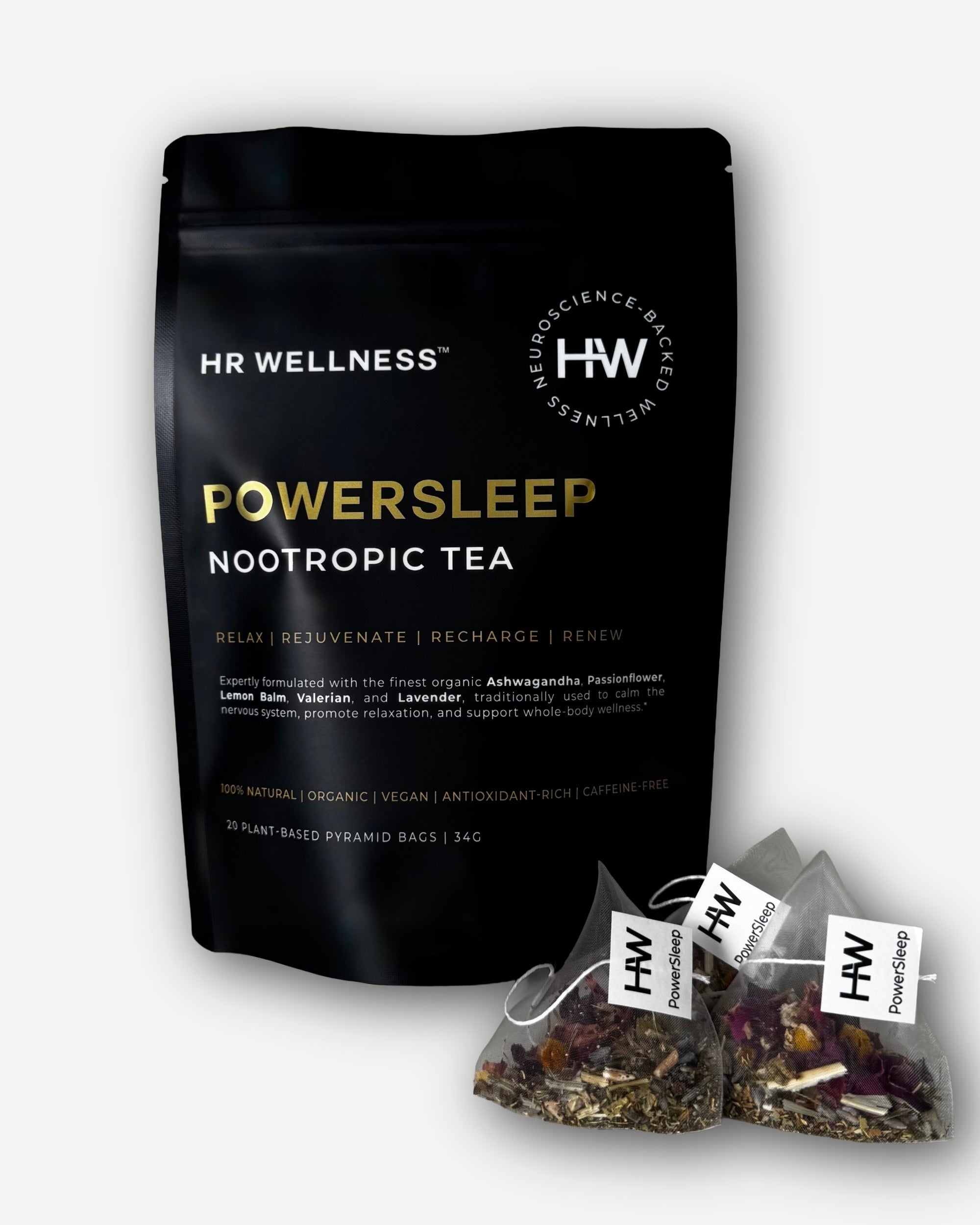 HR WELLNESS PowerSleep Nootropic Tea with plant-based pyramid tea bags and calming organic botanical ingredients for relaxation and restful sleep.