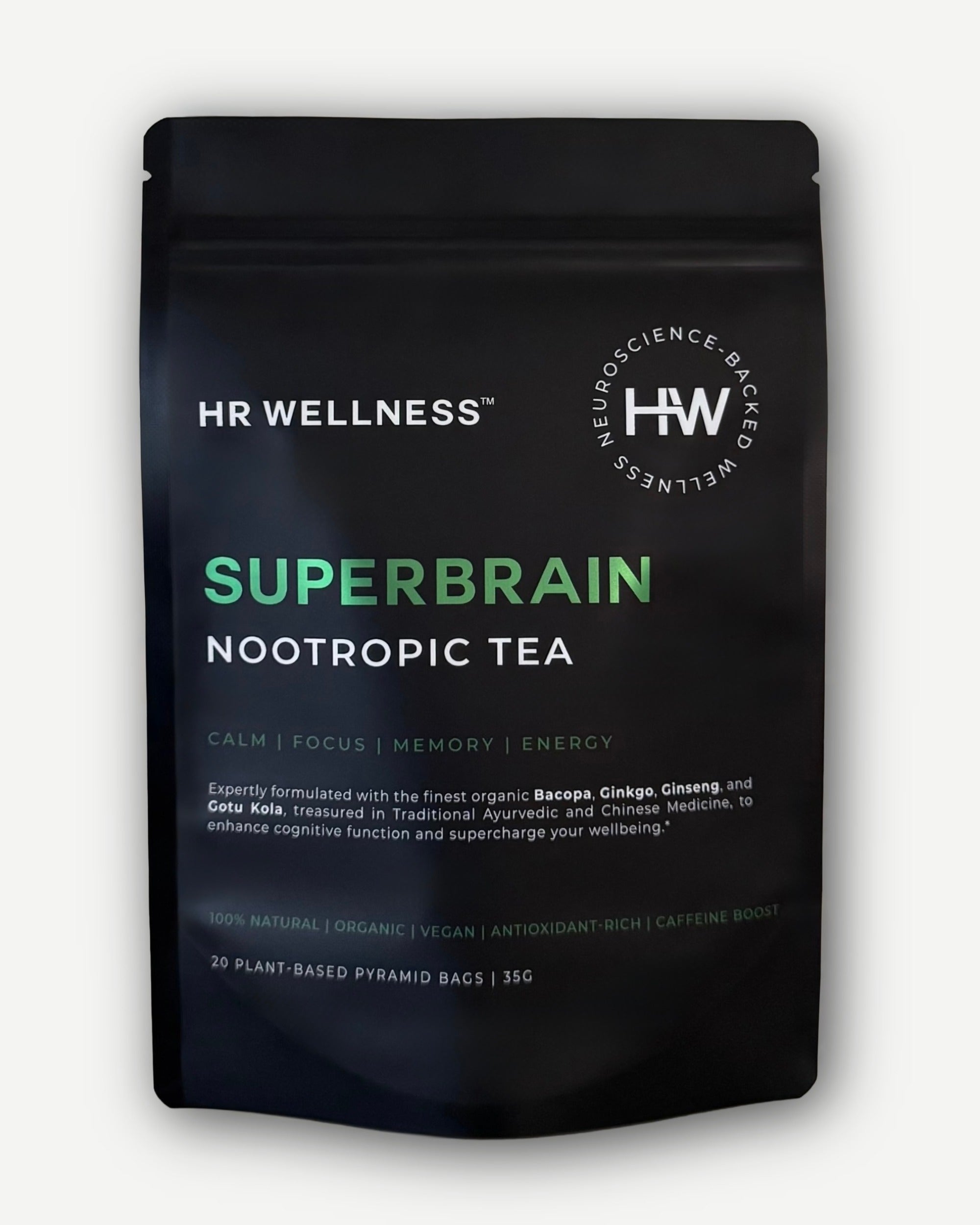 HR WELLNESS SuperBrain Nootropic Tea in matte black luxury packaging formulated to support focus, memory, energy, and cognitive wellbeing.