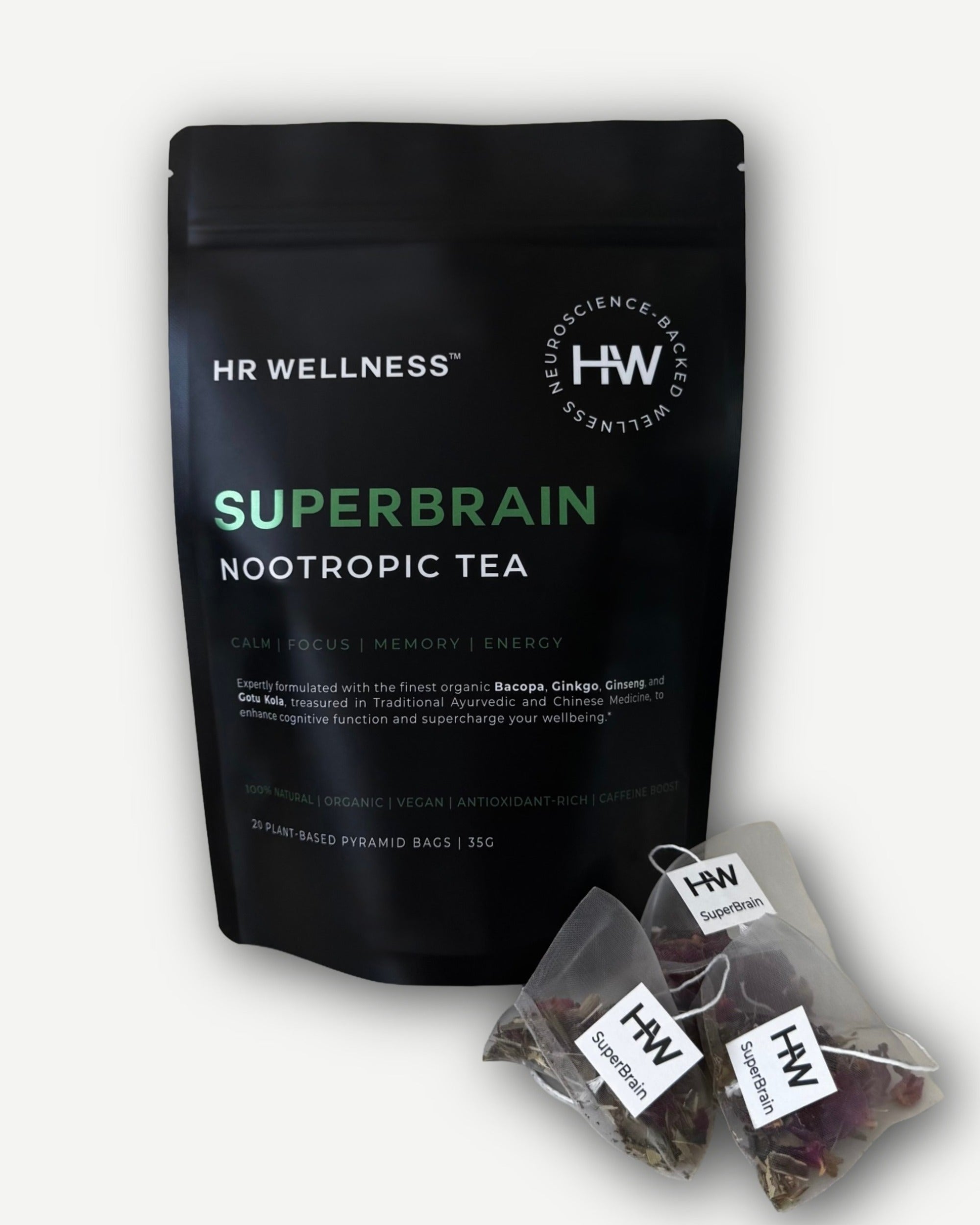 HR WELLNESS SuperBrain Nootropic Tea with plant-based pyramid tea bags and organic botanical nootropic ingredients for focus and brain health.